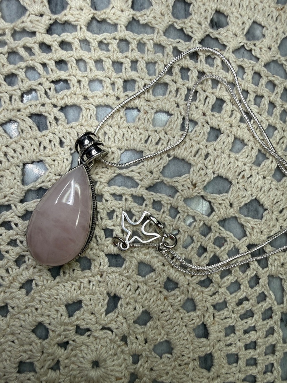 Silver Teardrop Rose Quartz Pendant Necklace - Pink